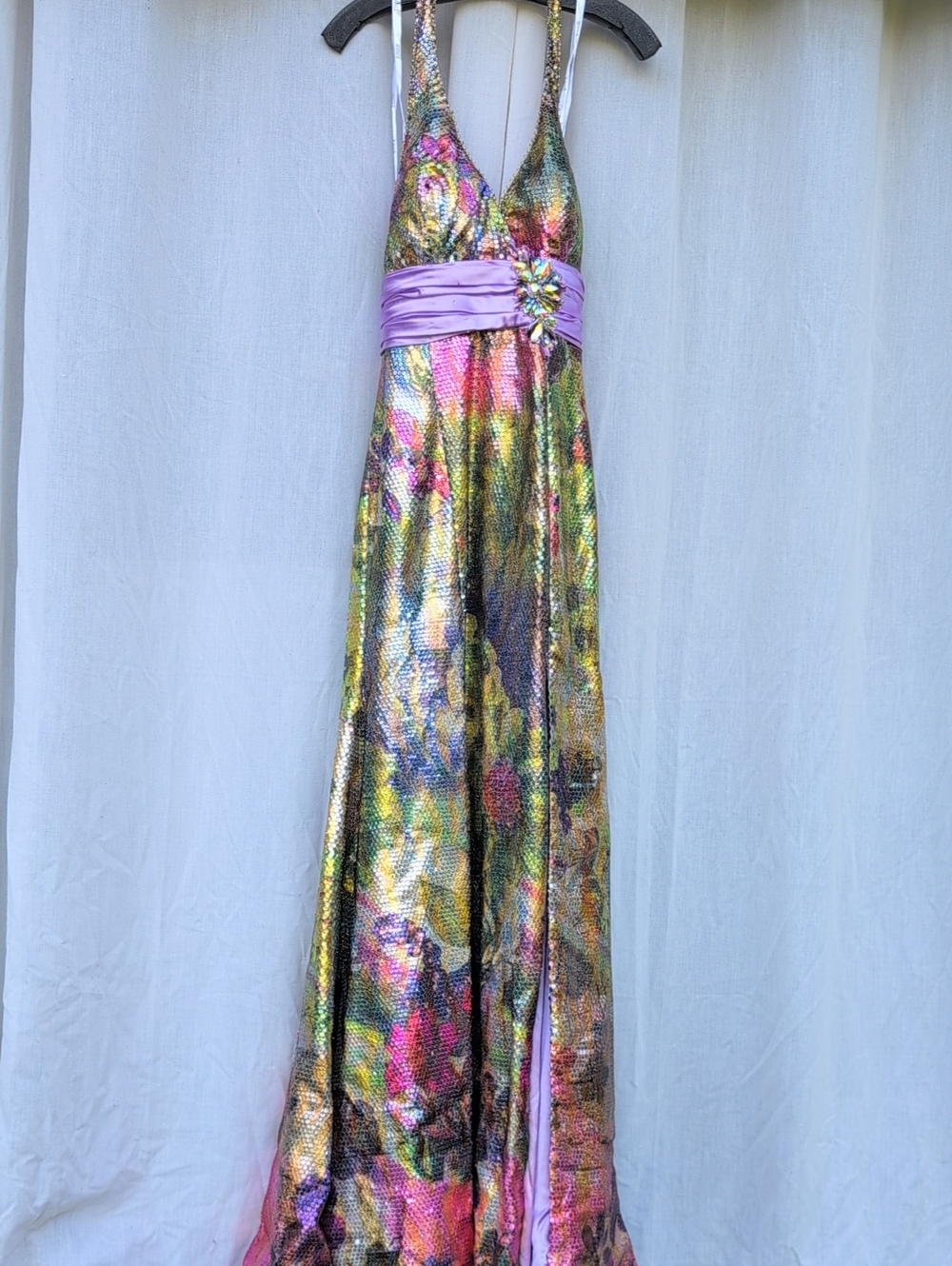 Tony Bowls Metallic Multicolor Prom Gown with Lilac Sash